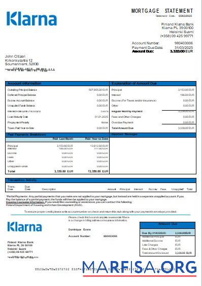 Downloadable Finland Klarna Bank bank mortgage statement scr real example
